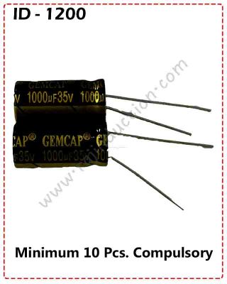 {ID – 1200} Gemcap 1000uF/35V. 105°C Capacitor Size-10x20 10 Pcs. Price =