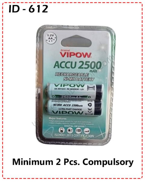 {ID - 612} - VIPOW ACCU 2500 mAh Rechargeable NI-CD Battery 2 Pcs. Price = 